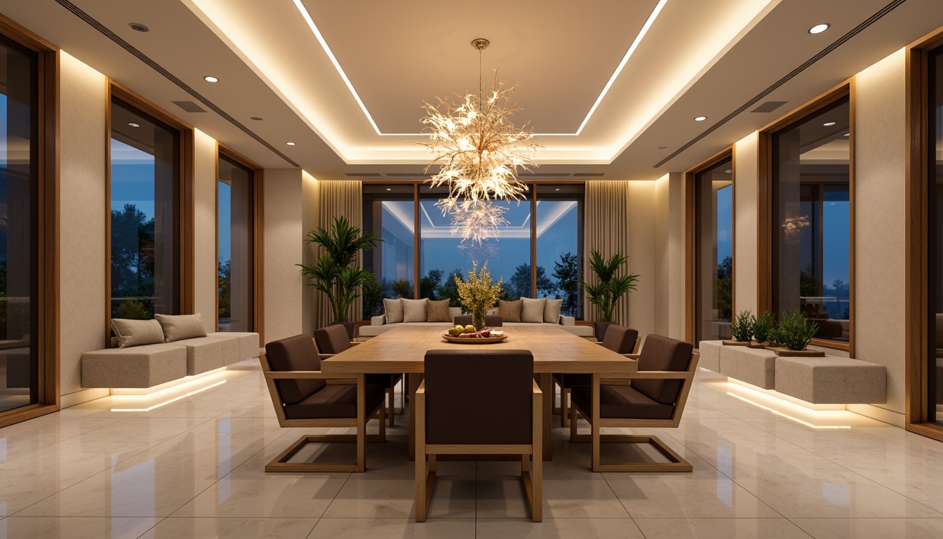 Prompt: Modern dining room, sleek wooden table, comfortable upholstered chairs, elegant chandelier, warm ambient lighting, soft glowing pendant lights, recessed ceiling lights, LED strip lights, minimalist floor lamps, luxurious marble flooring, cream-colored walls, large windows, natural daylight, 1/2 composition, shallow depth of field, realistic textures, subtle shadows.