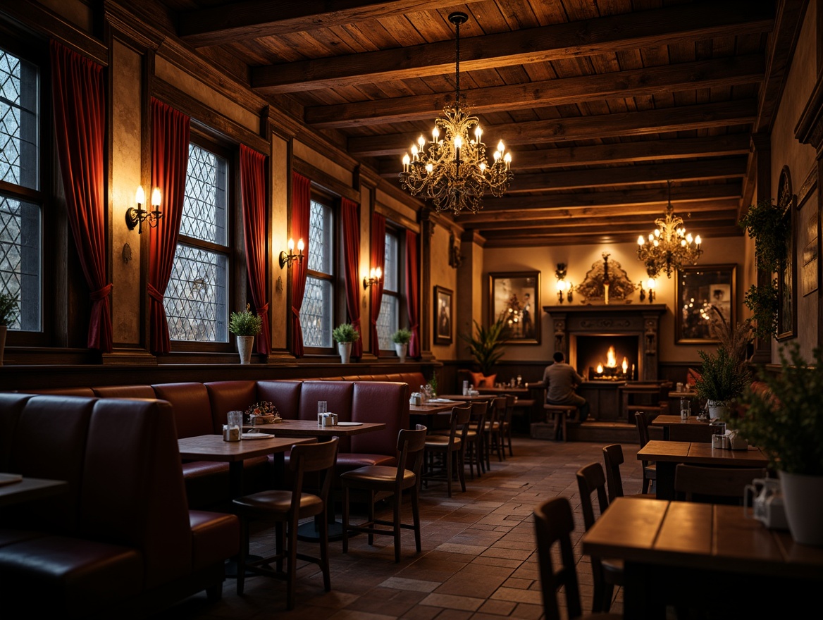 Prompt: Dimly lit pub interior, warm golden lighting, rustic wooden accents, ornate metal chandeliers, stained glass windows, rich velvet drapes, mysterious ambiance, low-hanging lanterns, warm candlelight, dramatic shadows, ornate stone walls, heavy wooden beams, luxurious upholstery, mysterious alcoves, subtle ambient Occlusion, realistic textures, high contrast ratio, 1/2 composition, atmospheric lighting.