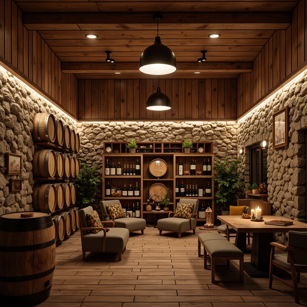 Prompt: Rustic wine cellar, warm wooden tones, dimmable pendant lights, soft ambient glow, subtle LED strip lighting, natural stone walls, earthy color palette, rich wood textures, ornate metalwork, vintage wine barrels, distressed wood accents, cozy nooks, intimate seating areas, warm candlelight, dramatic spotlights, 1/2 composition, low-key lighting, realistic shadows, atmospheric mist.