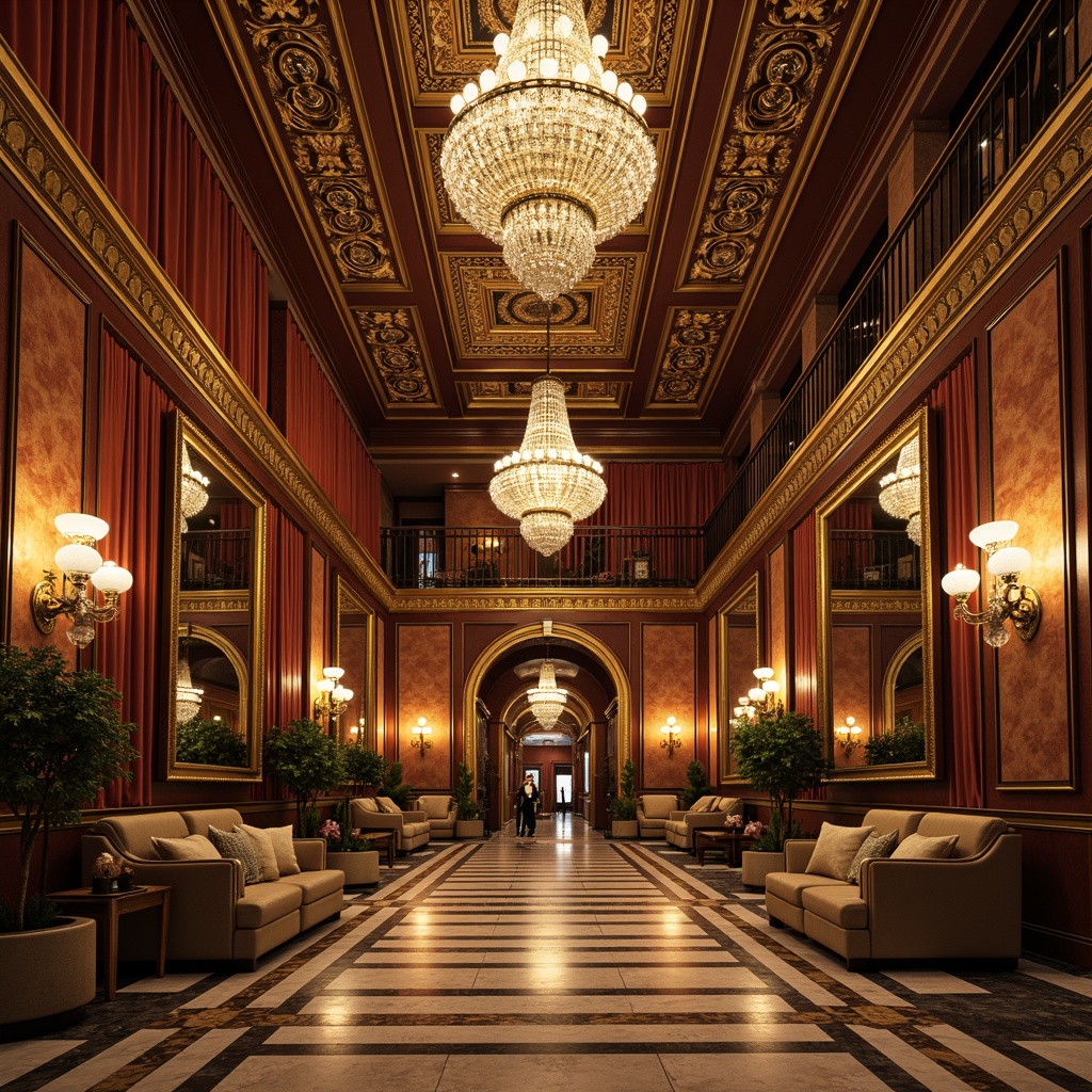 Prompt: Luxurious interior space, opulent chandeliers, intricately carved wooden panels, ornate mirrors, gilded frames, lavish furnishings, velvet drapes, marble floors, grand staircases, intricate mosaics, crystal lighting fixtures, rich tapestries, majestic columns, regal archways, warm golden lighting, shallow depth of field, 1/2 composition, realistic textures, ambient occlusion.