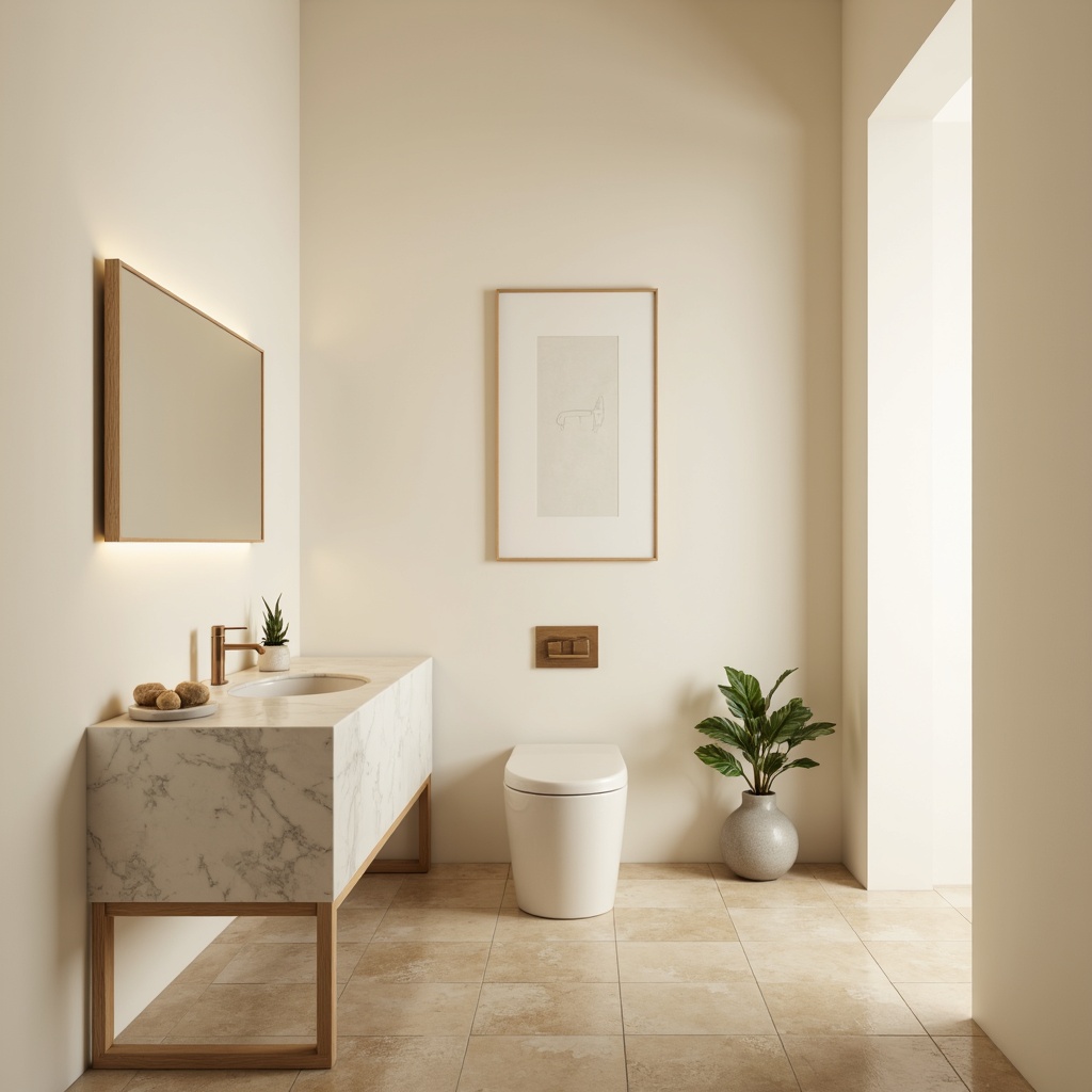 Prompt: Minimalist powder room, soft creamy walls, delicate pastel hues, warm beige floors, sleek modern vanity, subtle marble textures, gentle diffused lighting, shallow depth of field, 1/1 composition, calm atmosphere, serene ambiance, soft focus, natural materials, earthy tones, muted color scheme, elegant simplicity.