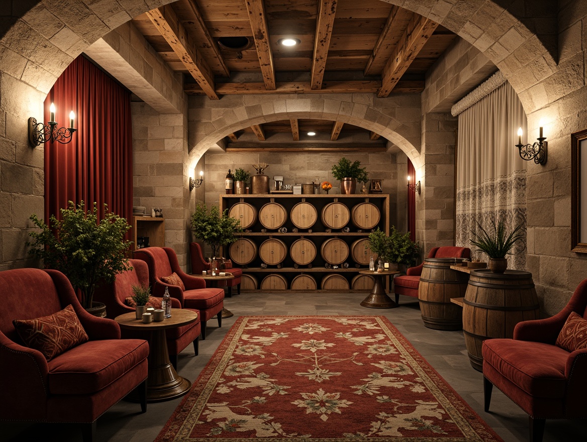 Prompt: Rustic wine cellar, distressed wooden crates, vintage wine barrels, dim warm lighting, soft candle glow, earthy stone walls, worn brick floors, faded elegance, rich velvet fabrics, lace trimmings, ruffled curtains, ornate metalware, antique furniture pieces, weathered leather armchairs, plush area rugs, floral patterns, muted color palette, warm beige tones, creamy whites, rich reds, soft gold accents, luxurious textures, detailed embroidery, intricate carvings, classic European-inspired decor.