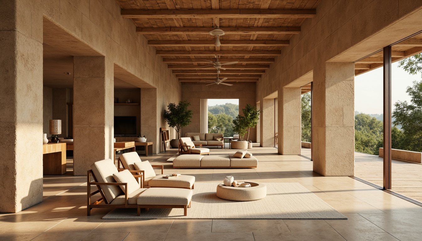 Prompt: Earthy rammed earth walls, natural texture, organic pattern, rustic aesthetic, warm beige color, coarse aggregate mixture, sustainable building material, eco-friendly design, modern farmhouse style, open plan living space, large windows, sliding glass doors, minimalist decor, soft warm lighting, shallow depth of field, 3/4 composition, panoramic view, realistic textures, ambient occlusion.