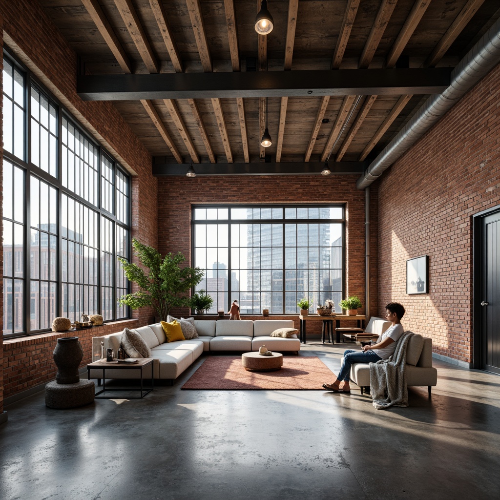 Prompt: Exposed brick walls, reclaimed wood accents, metal beams, polished concrete floors, industrial-style lighting fixtures, minimalist decor, functional pipes, distressed finishes, urban loft atmosphere, neutral color palette, functional spaces, modern industrial furniture, sleek metal frames, Edison bulb pendants, industrial-chic accessories, textured fabrics, natural light pouring in, airy high ceilings, panoramic city views, realistic materials, cinematic composition.