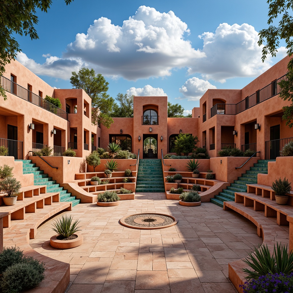 Prompt: Vibrant Southwestern amphitheater, adobe-style architecture, curved seating areas, colorful tile mosaics, ornate metal railings, rustic wooden accents, bold geometric patterns, turquoise and terracotta hues, desert botanicals, cacti and succulents, warm sunny day, dramatic cloud formations, clear blue sky, tiered levels, grand staircases, statement lighting fixtures, festive lanterns, natural stone flooring, earthy textures, ambient occlusion, shallow depth of field, 3/4 composition, panoramic view.