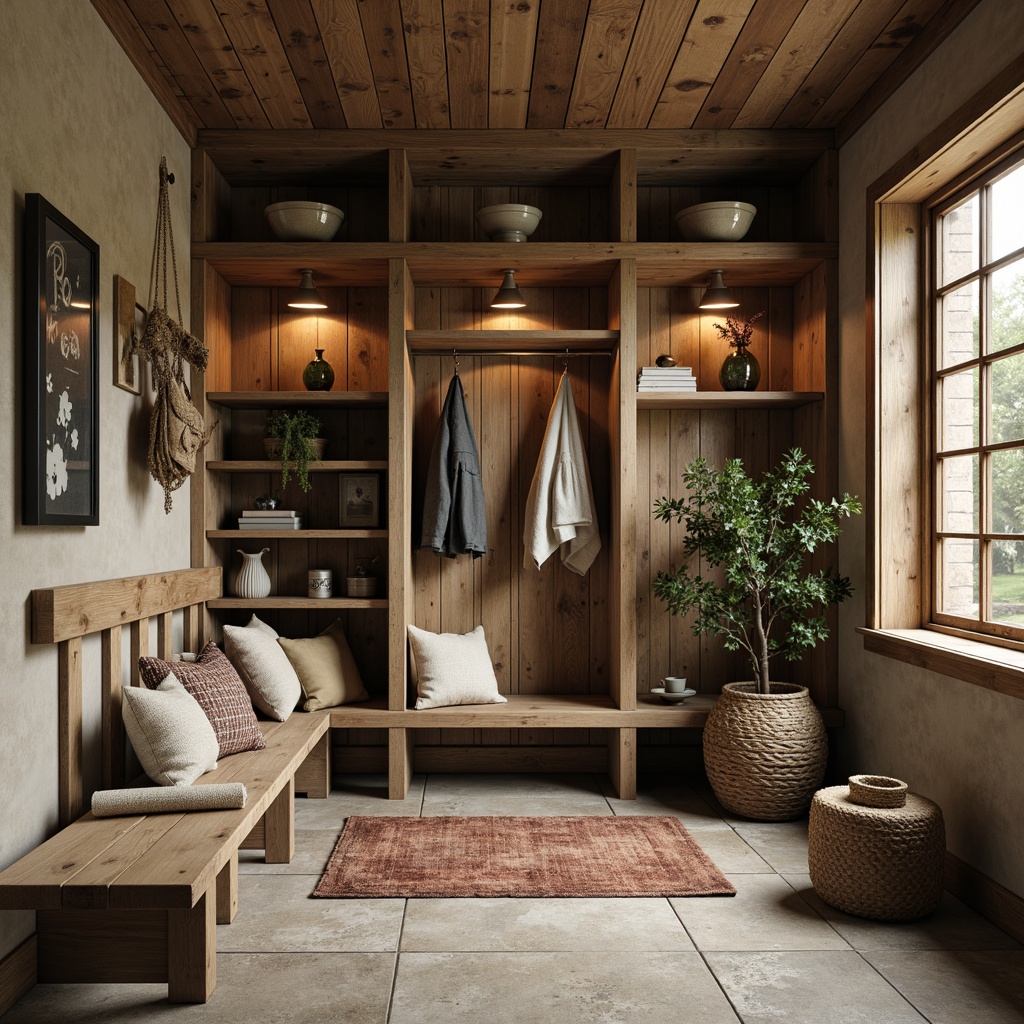 Prompt: Rustic mudroom, natural stone flooring, earthy tones, wooden accents, distressed wood planks, reclaimed barn wood, weathered metal decor, vintage accessories, earthy scent, warm ambiance, soft lighting, 1/2 composition, realistic textures, ambient occlusion.