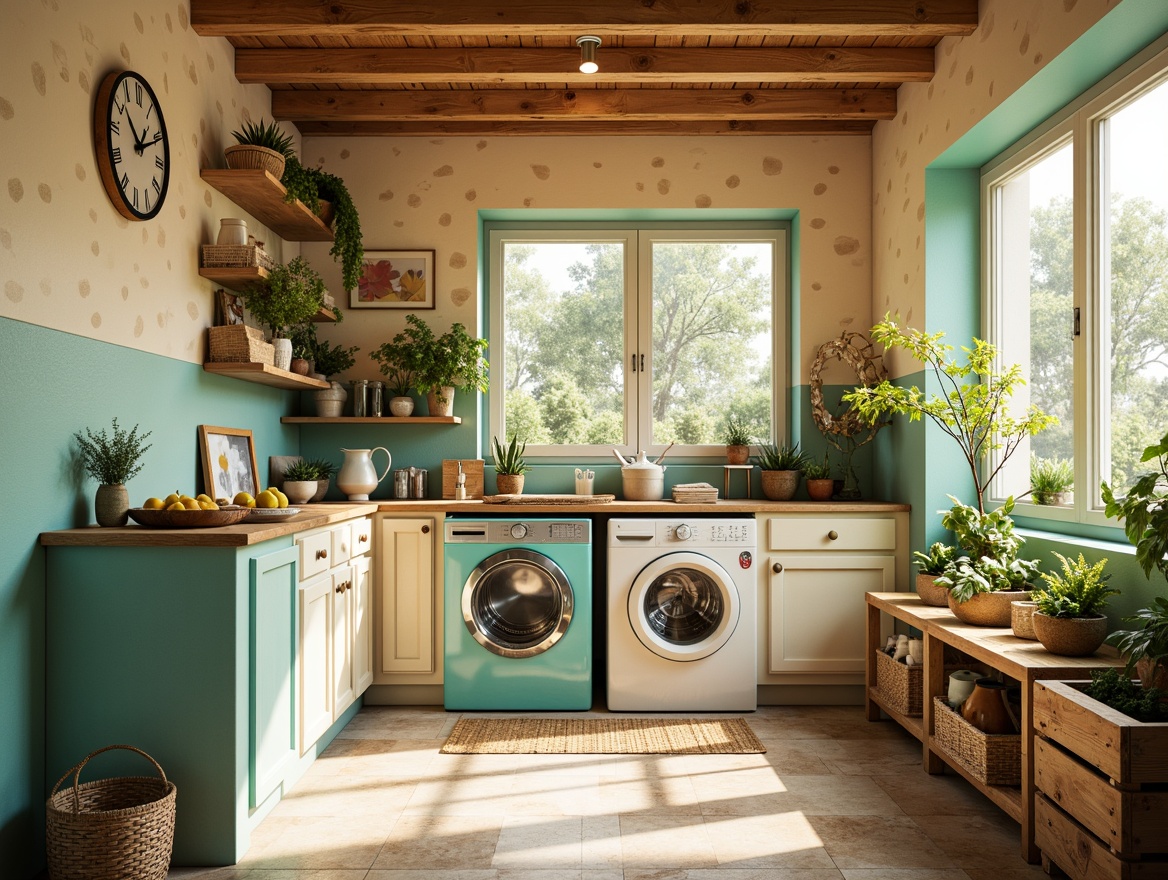 Prompt: Vibrant laundry interior, warm beige walls, soft pastel hues, gentle turquoise accents, creamy whites, rich wood tones, playful polka dots, whimsical stripes, bold geometric patterns, eclectic mix of vintage and modern appliances, distressed metal finishes, rustic wooden crates, lively greenery, natural stone floors, abundant sunlight, soft warm lighting, shallow depth of field, 3/4 composition, realistic textures, ambient occlusion.