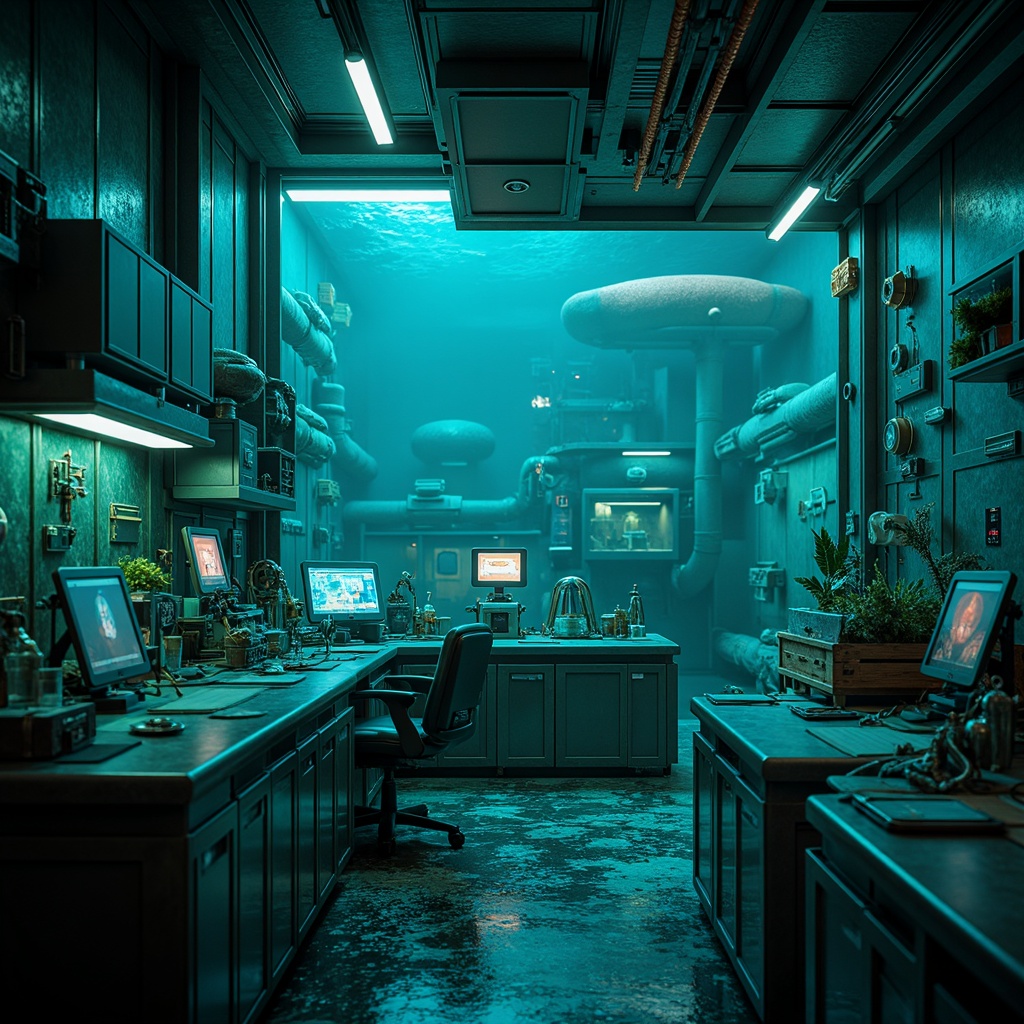 Prompt: \Mysterious underwater laboratory, dark cyan walls, neon-lit equipment, futuristic machinery, glass containers, bioluminescent organisms, eerie blue-green glow, metallic catwalks, industrial pipes, high-tech computer screens, holographic displays, dimly lit corridors, soft pulsing lights, 3D printed models, transparent acrylic surfaces, misty atmosphere, shallow depth of field, cinematic composition.\