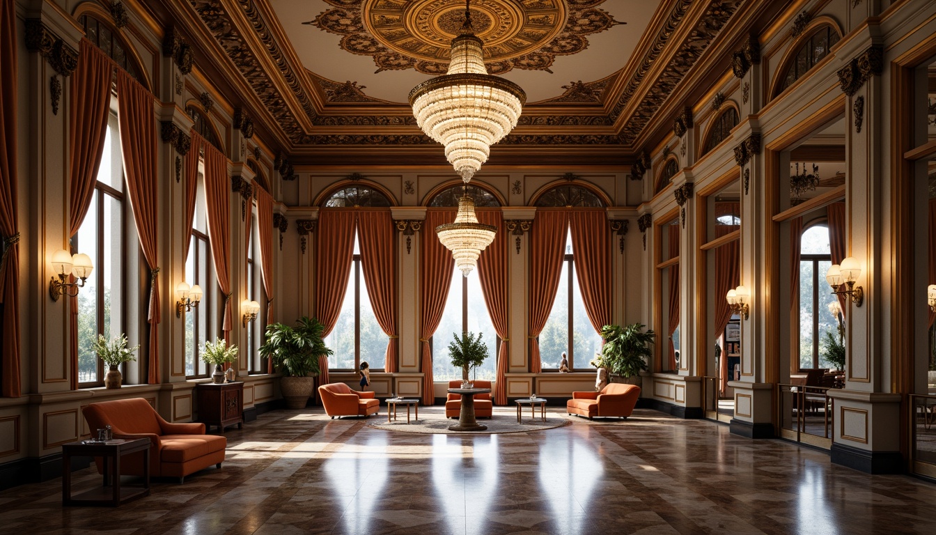 Prompt: Intricate moldings, ornate ceilings, luxurious furnishings, lavish chandeliers, marble floors, velvet drapes, gold accents, sophisticated color palette, rich textures, subtle lighting, shallow depth of field, 1/2 composition, warm atmospheric perspective, realistic reflections, ambient occlusion.