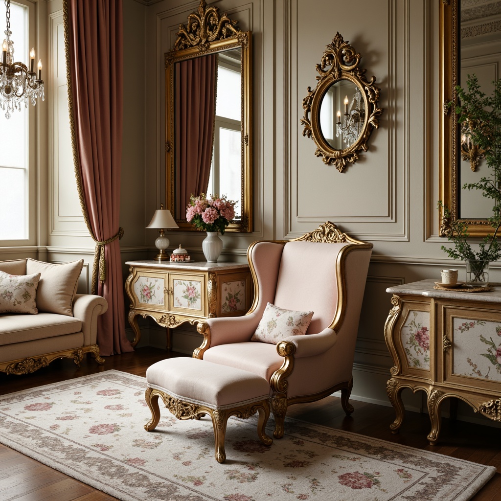 Prompt: Ornate armchair, curved wooden legs, intricately carved gilded frames, plush velvet upholstery, ornamental mirrors, crystal chandeliers, golden accents, luxurious fabrics, soft pastel colors, delicate floral patterns, whimsical shell motifs, grandiose proportions, majestic curves, opulent textiles, richly adorned cabinets, extravagant inlays, lavish marble surfaces, dramatic lighting effects, 1/1 composition, shallow depth of field, warm soft focus.