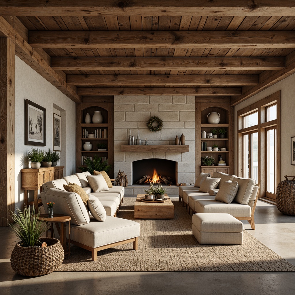 Prompt: Rustic farmhouse, wooden accents, reclaimed barn wood, distressed finishes, earthy tones, natural textures, vintage metalware, cozy atmosphere, warm lighting, stone fireplace, plush furnishings, woven baskets, potted plants, floral arrangements, soft pastel colors, traditional craftsmanship, ornate details, wooden beams, exposed ductwork, country-inspired decor, nature-inspired elements, organic shapes, hand-hewn wood, artisanal touches, inviting ambiance.