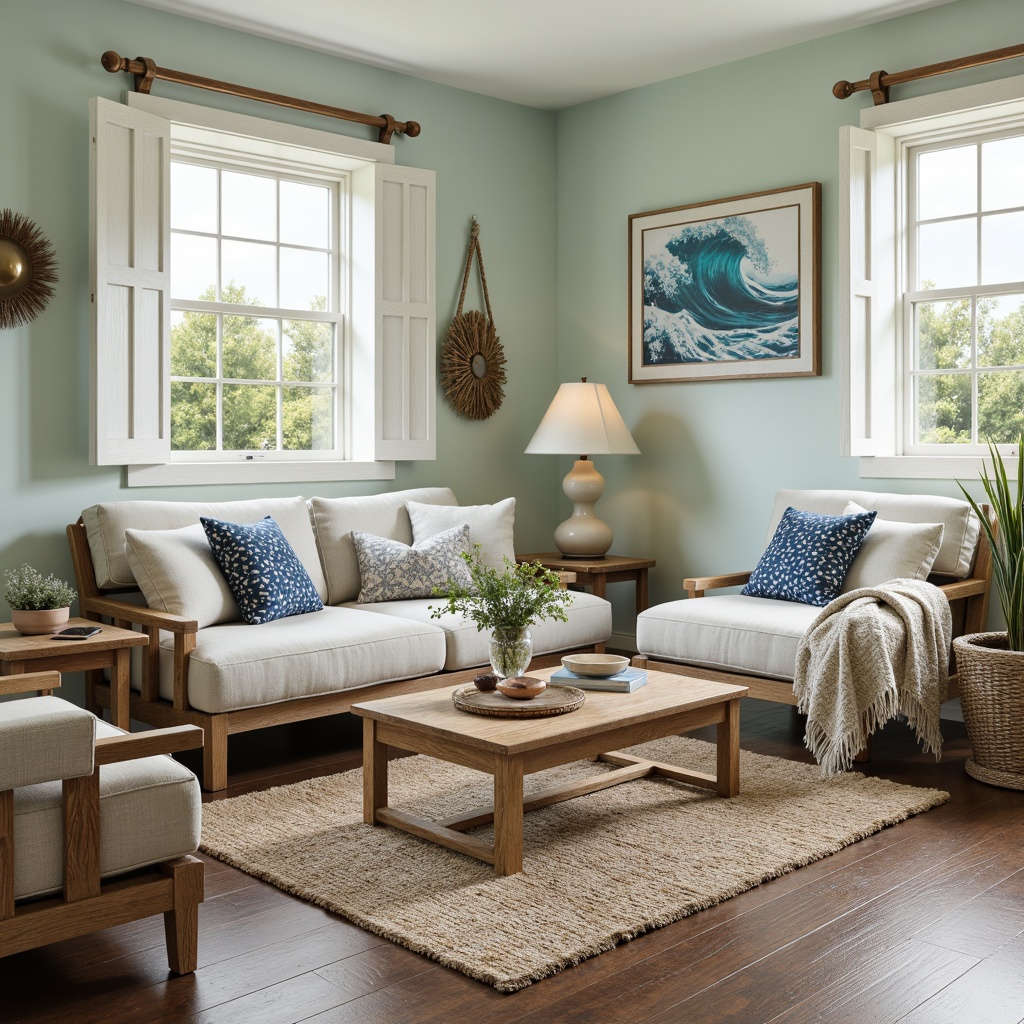 Prompt: Driftwood furniture, ocean-blue accents, natural linen upholstery, woven jute rugs, coral-patterned throw pillows, distressed wood finishes, beachy white shutters, nautical rope details, soft sea-foam green walls, calming wave-inspired artwork, plush area rugs, warm brass lighting, coastal-themed decorative accessories, serene ambiance, 1/1 composition, soft focus effect, natural textures, subtle color palette.