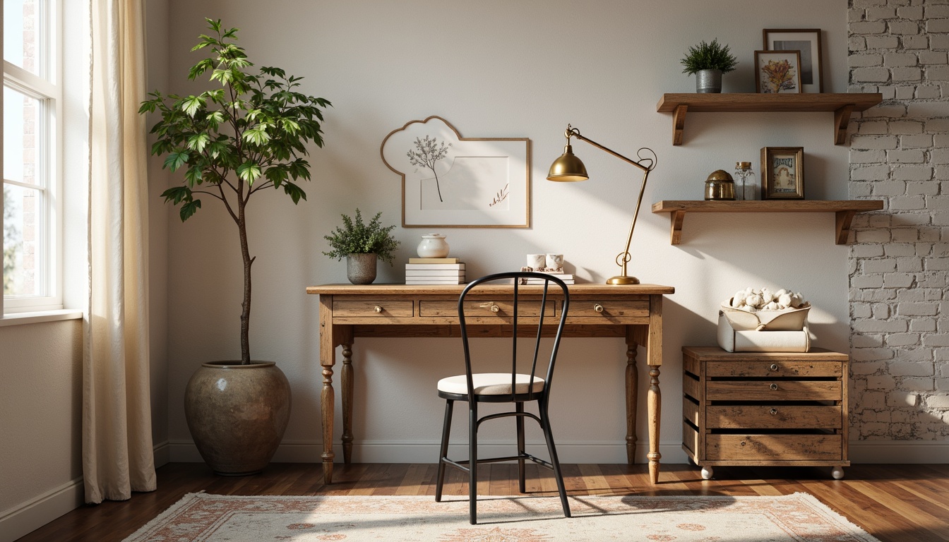 Prompt: Distressed wooden desk, vintage metal chair, ornate golden lamp, soft linen drapes, distressed brick wall, creamy white shelves, antique clock, floral patterned rug, rustic wooden crate, lace trimmed curtains, muted pastel colors, warm beige tones, natural textiles, earthy scents, softbox lighting, shallow depth of field, 1/1 composition, realistic wood textures, ambient occlusion.