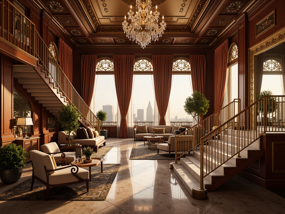 Prompt: Opulent penthouse, lavish decorations, intricately carved wood paneling, gilded moldings, crystal chandeliers, ornate mirrors, velvet drapes, luxurious furnishings, marble floors, curved staircases, grand balconies, city skyline views, warm golden lighting, shallow depth of field, 2/3 composition, soft focus background, realistic textures, subtle ambient occlusion.