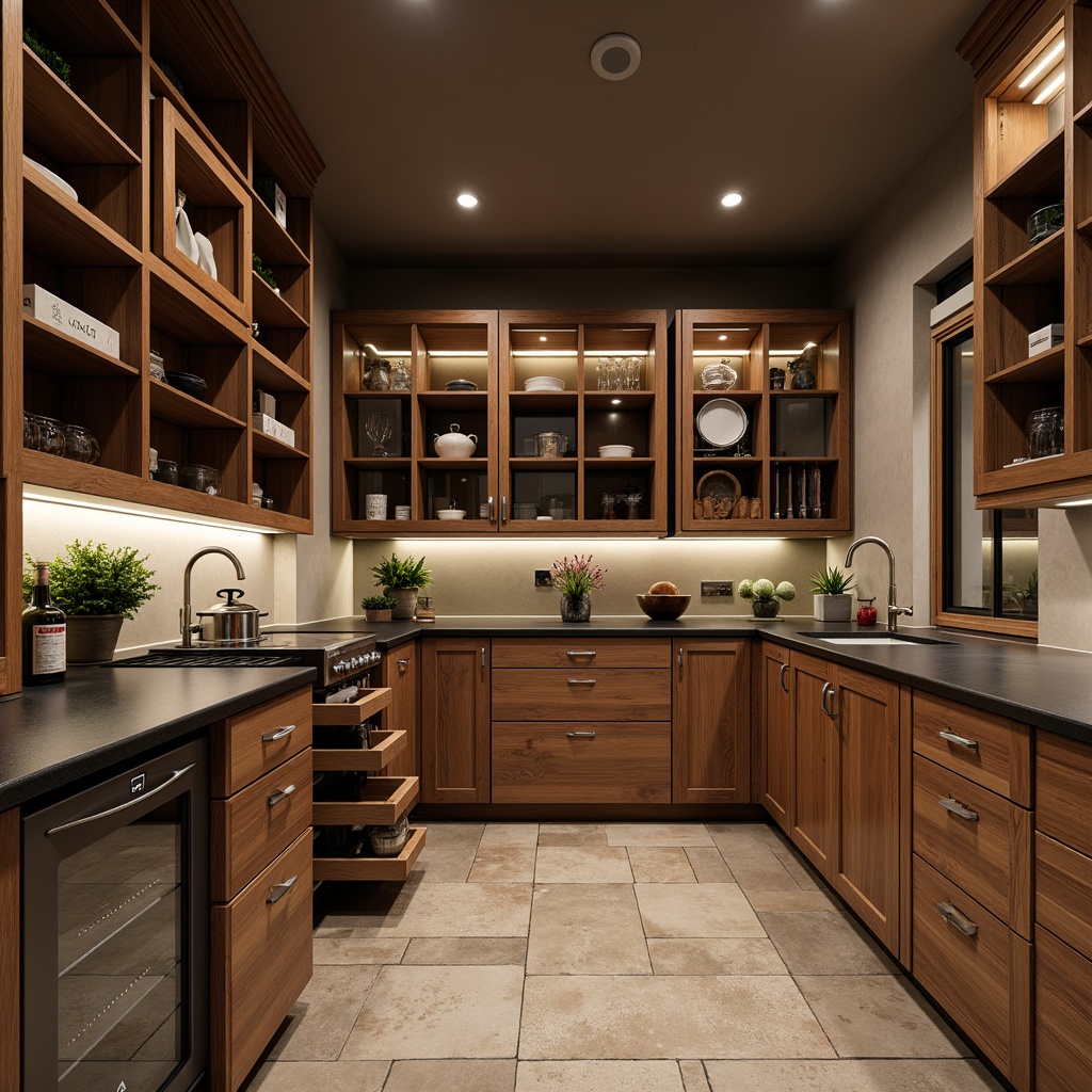 Prompt: Modern pantry interior, sleek cabinetry, minimalist hardware, soft-close drawers, floor-to-ceiling storage, glass-front cabinets, LED lighting, warm wood tones, matte black countertops, stainless steel appliances, industrial-chic accents, open shelving, decorative trimwork, rustic wooden crates, earthy color palette, natural stone flooring, cozy ambient lighting, 1/1 composition, shallow depth of field, realistic textures.