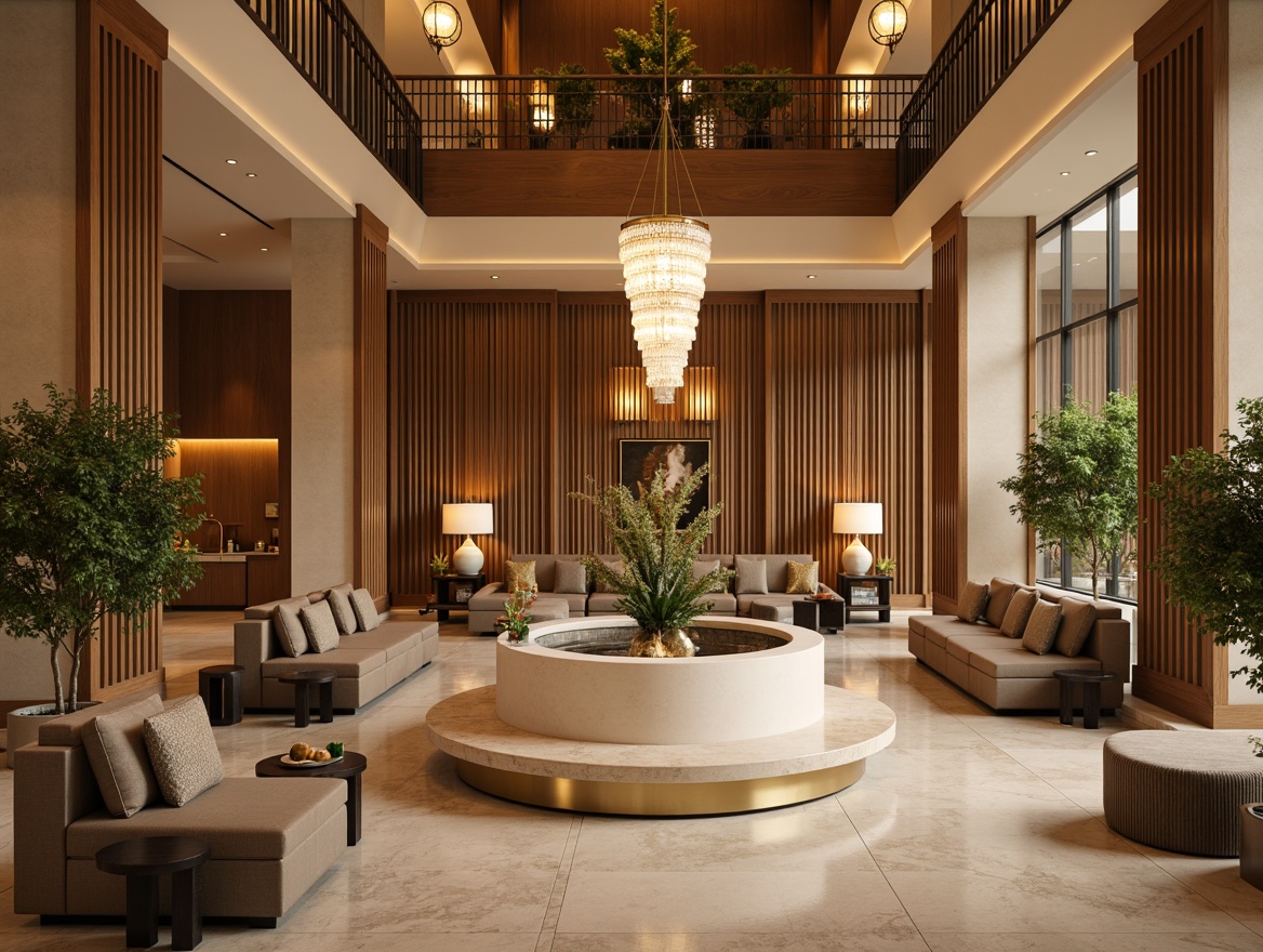 Prompt: Earthy tone hotel lobby, warm beige walls, rich wood accents, natural stone floors, plush velvet sofas, bronze metal fixtures, soft cream-colored marble countertops, elegant crystal chandeliers, vibrant greenery, lush plants, calming water features, serene ambiance, warm golden lighting, shallow depth of field, 3/4 composition, realistic textures, ambient occlusion.