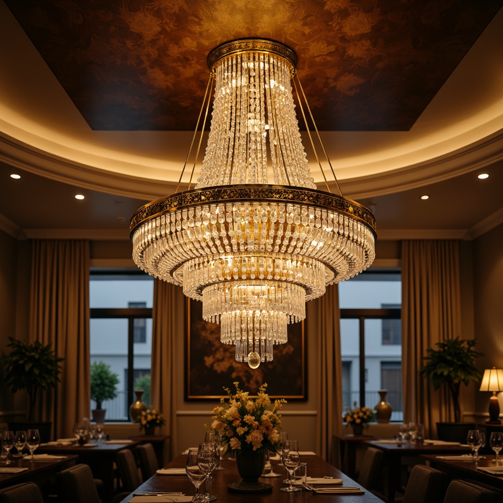 Prompt: Elegant chandelier, luxurious crystal drops, warm golden lighting, opulent ceiling fixture, lavish dining space, sophisticated modern design, sleek metal accents, soft warm glow, atmospheric ambiance, 3/4 composition, shallow depth of field, realistic textures, ambient occlusion.