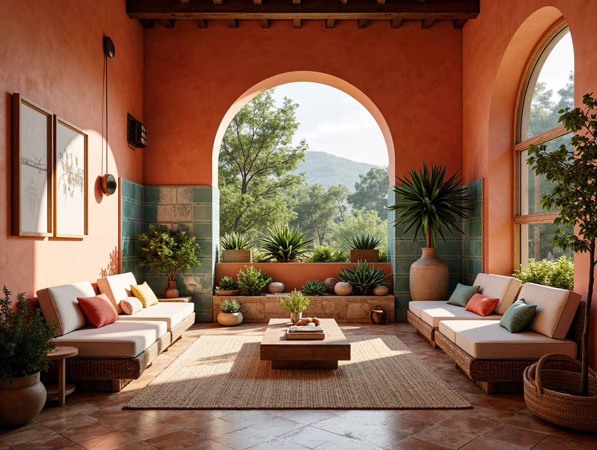 Prompt: Vibrant Mediterranean interior, warm terracotta walls, rustic wooden accents, turquoise decorative tiles, pops of coral pink, sunny yellow, and sky blue, natural woven textiles, rattan furniture, lush greenery, potted olive trees, earthy ceramics, distressed wood finishes, soft warm lighting, cozy reading nooks, 1/1 composition, intimate atmosphere, realistic textures, ambient occlusion.