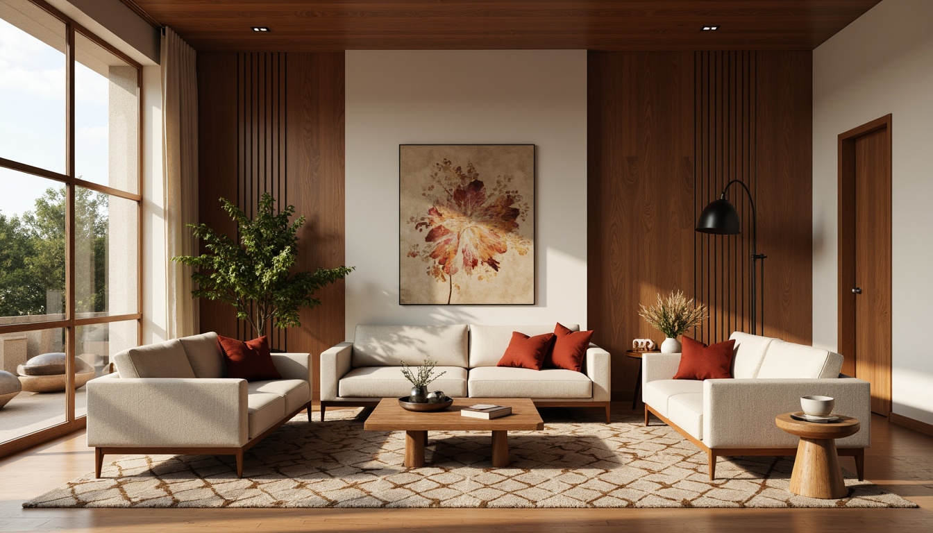 Prompt: Retro living room, warm wooden tones, sleek low-profile sofas, tufted velvet armchairs, geometric patterned rugs, minimalist coffee tables, sculptural wooden side tables, pendant lamps, natural linen upholstery, rich walnut wood accents, organic shapes, functional simplicity, abundant natural light, soft diffused shadows, 1/1 composition, warm beige color palette, cozy intimate atmosphere, realistic fabric textures.