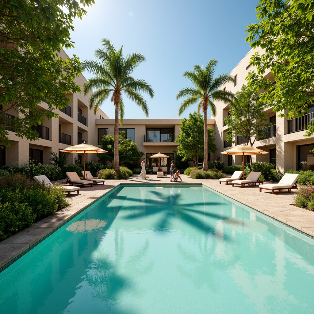 Prompt: Vibrant turquoise pool water, warm beige stone decking, lush green palm trees, sleek modern lounge chairs, colorful striped umbrellas, refreshing misting systems, sunny day, soft warm lighting, shallow depth of field, 3/4 composition, realistic textures, ambient occlusion.