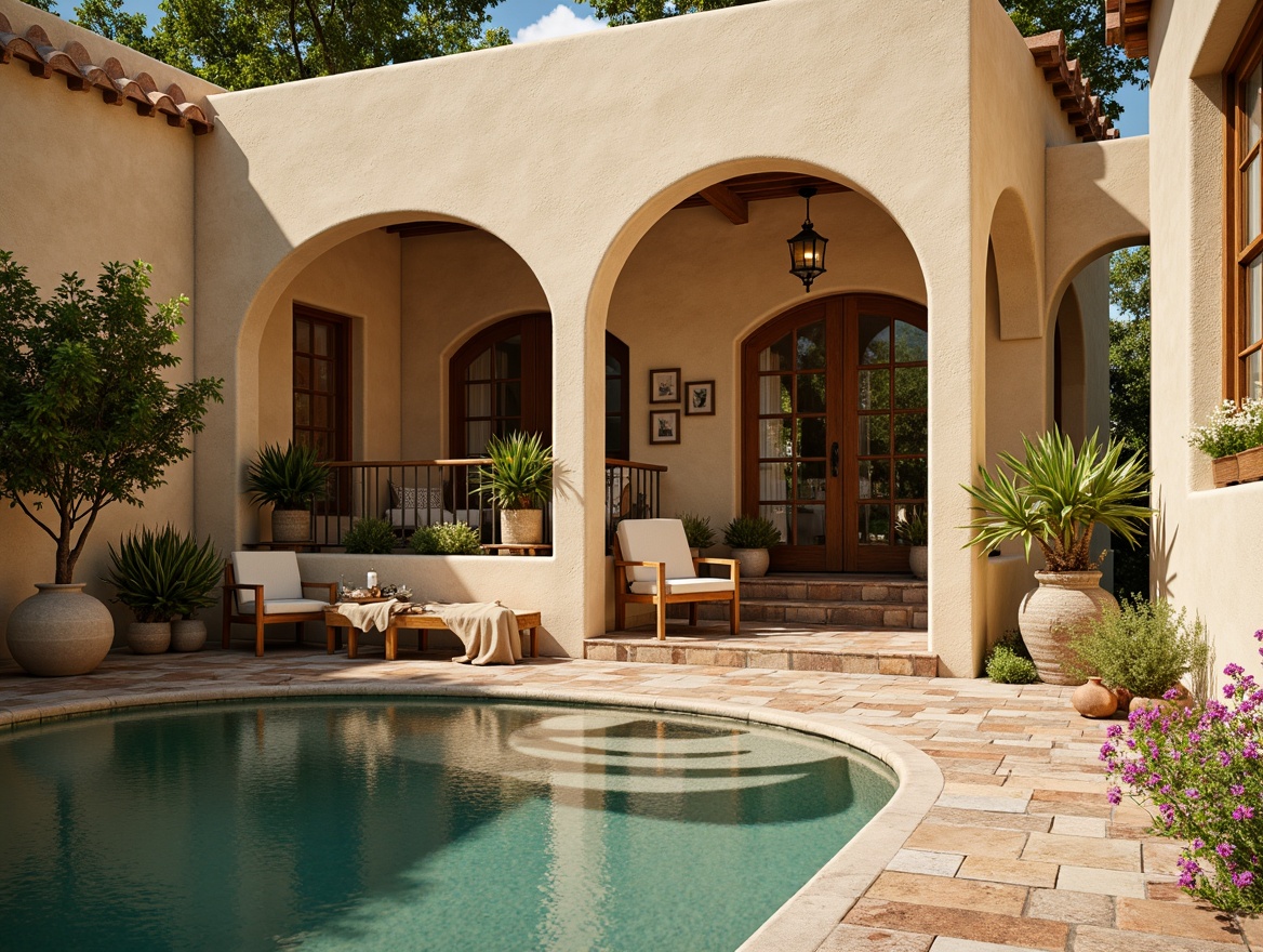 Prompt: Warm creamy stucco walls, rustic stone foundations, ornate terracotta tiles, distressed wood accents, wrought iron railings, vibrant turquoise waters, lush greenery, blooming flowers, curved archways, decorative ceramic vases, natural fiber textiles, soft warm lighting, shallow depth of field, 3/4 composition, panoramic view, realistic textures, ambient occlusion.