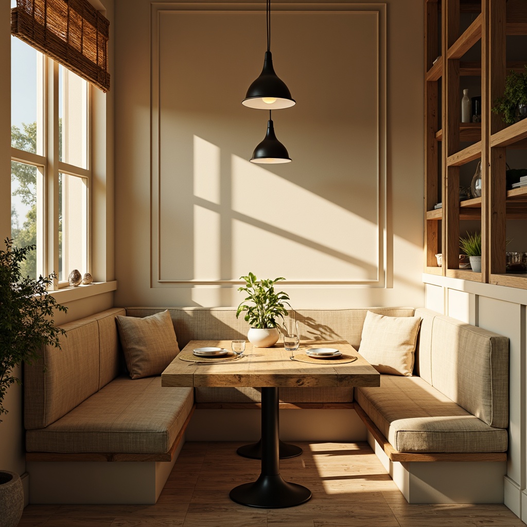 Prompt: Cozy breakfast nook, warm beige walls, soft cream-colored cabinets, rustic wooden tables, plush cushions, natural linen fabrics, pendant lamps, warm golden lighting, morning sunlight, gentle shadows, 3/4 composition, shallow depth of field, realistic textures, ambient occlusion.