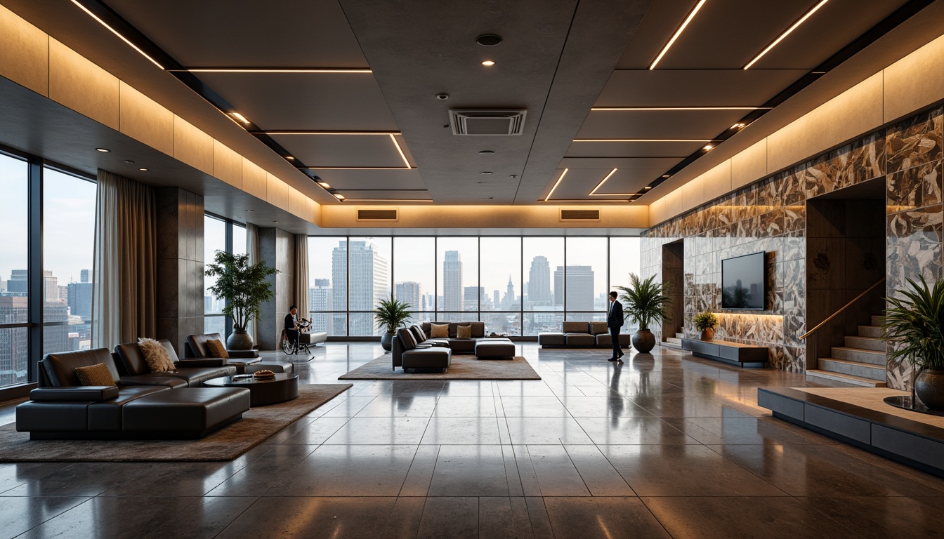 Prompt: Glossy streamlining modern interior, sleek wall tiles, metallic accents, futuristic geometric patterns, high-gloss finishes, luxurious ambient lighting, minimalist decor, low-profile furniture, floor-to-ceiling windows, urban cityscape views, 1/1 composition, shallow depth of field, soft warm illumination, realistic textures, ambient occlusion.