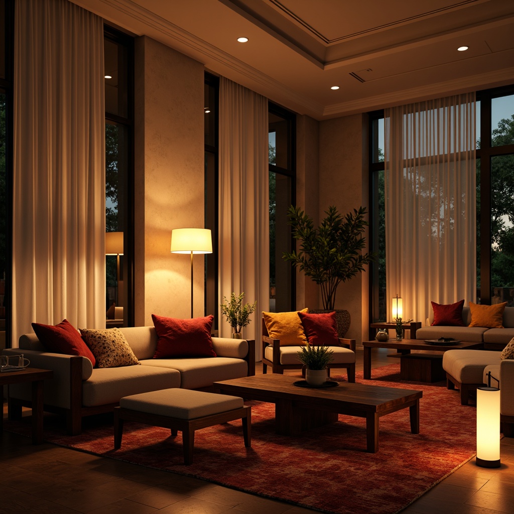 Prompt: Contemporary living room, warm ambient lighting, floor lamps, table lamps, pendant lights, LED strips, soft warm glow, cozy atmosphere, wooden furniture, plush sofas, vibrant colorful throw pillows, large windows, natural daylight, sheer curtains, subtle shadows, 3/4 composition, realistic textures, ambient occlusion.