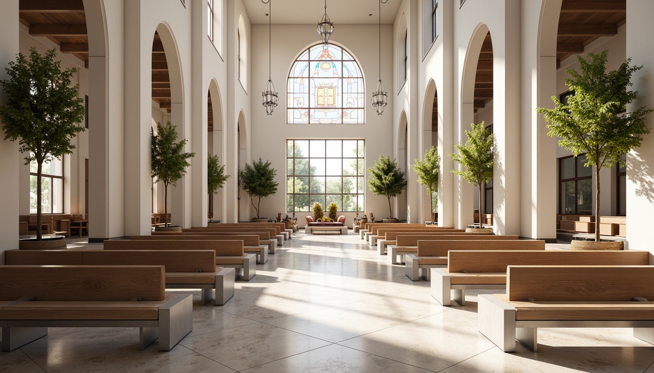 Prompt: Polished marble floors, subtle grey veins, creamy white accents, minimalist pews, sleek metal benches, modern stained glass windows, natural light pouring in, soft warm ambiance, shallow depth of field, 1/1 composition, symmetrical architecture, elegant chandeliers, ornate wooden altars, neutral color palette, airy open spaces, vaulted ceilings, subtle texture variations, ambient occlusion.