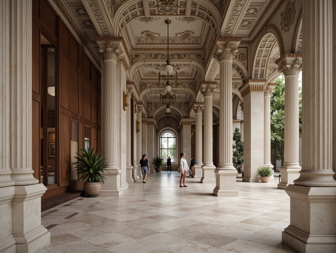 Prompt: Ornate columns, carved stone capitals, symmetrical facades, grand entranceways, sweeping arches, ornate moldings, decorative cornices, pilasters, rusticated bases, classical pediments, marble flooring, high ceilings, large windows, wooden paneling, intricate carvings, gilded details, subtle color palette, soft natural lighting, shallow depth of field, 1/1 composition, realistic textures, ambient occlusion.