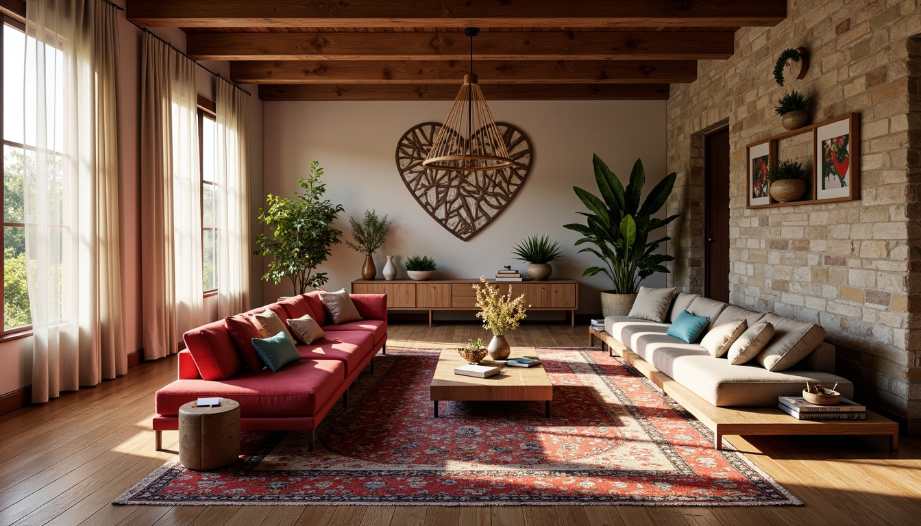 Prompt: Vibrant living room, plush velvet sofas, patterned rugs, wooden flooring, natural stone walls, floor-to-ceiling windows, sheer curtains, ambient lighting, modern furniture, colorful throw pillows, Moroccan-inspired tiles, geometric patterns, woven baskets, cozy reading nooks, soft warm textures, 1/1 composition, shallow depth of field, realistic renderings.