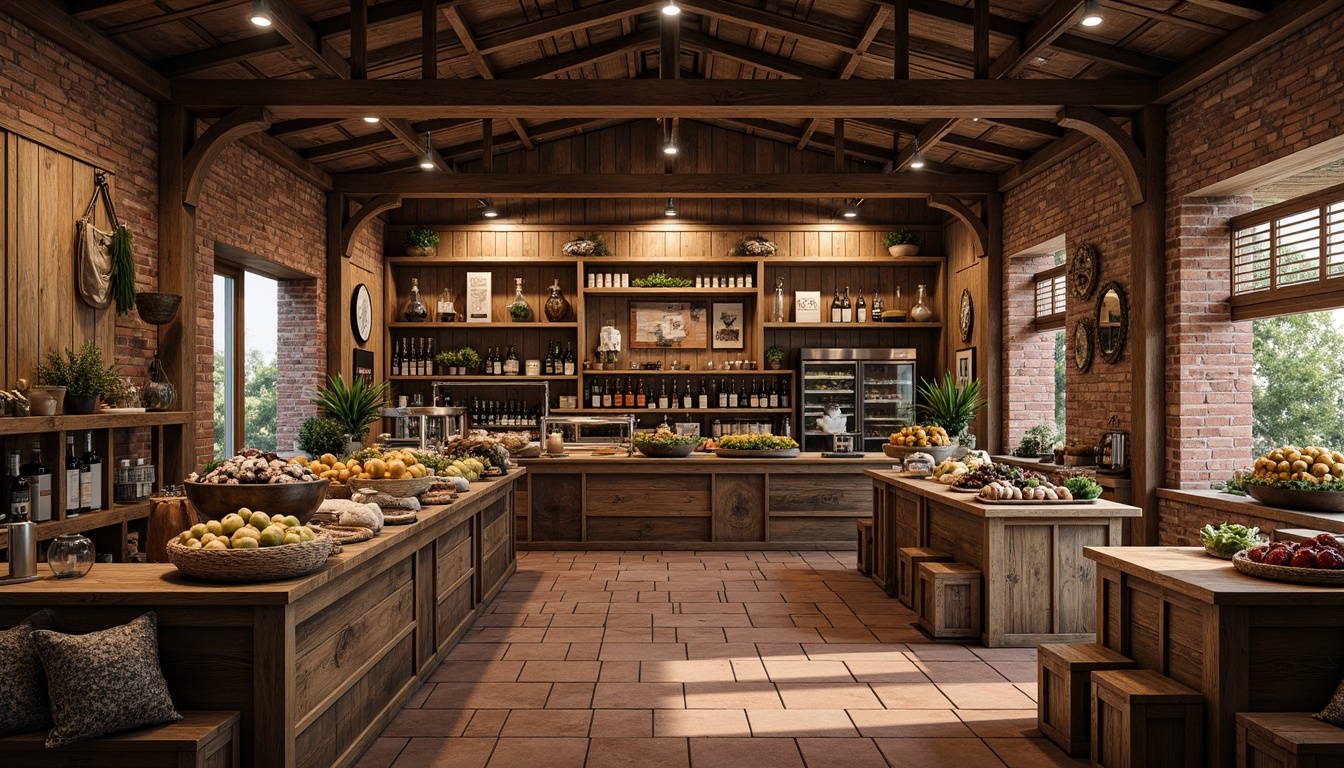 Prompt: Rustic grocery store interior, reclaimed wooden planks, distressed textures, earthy tones, warm lighting, exposed brick walls, metal accents, vintage decorations, wooden crates, natural stone floors, terracotta tiles, matte finish, worn edges, rustic charm, cozy atmosphere, soft shadows, 1/1 composition, realistic materials, subtle color grading.