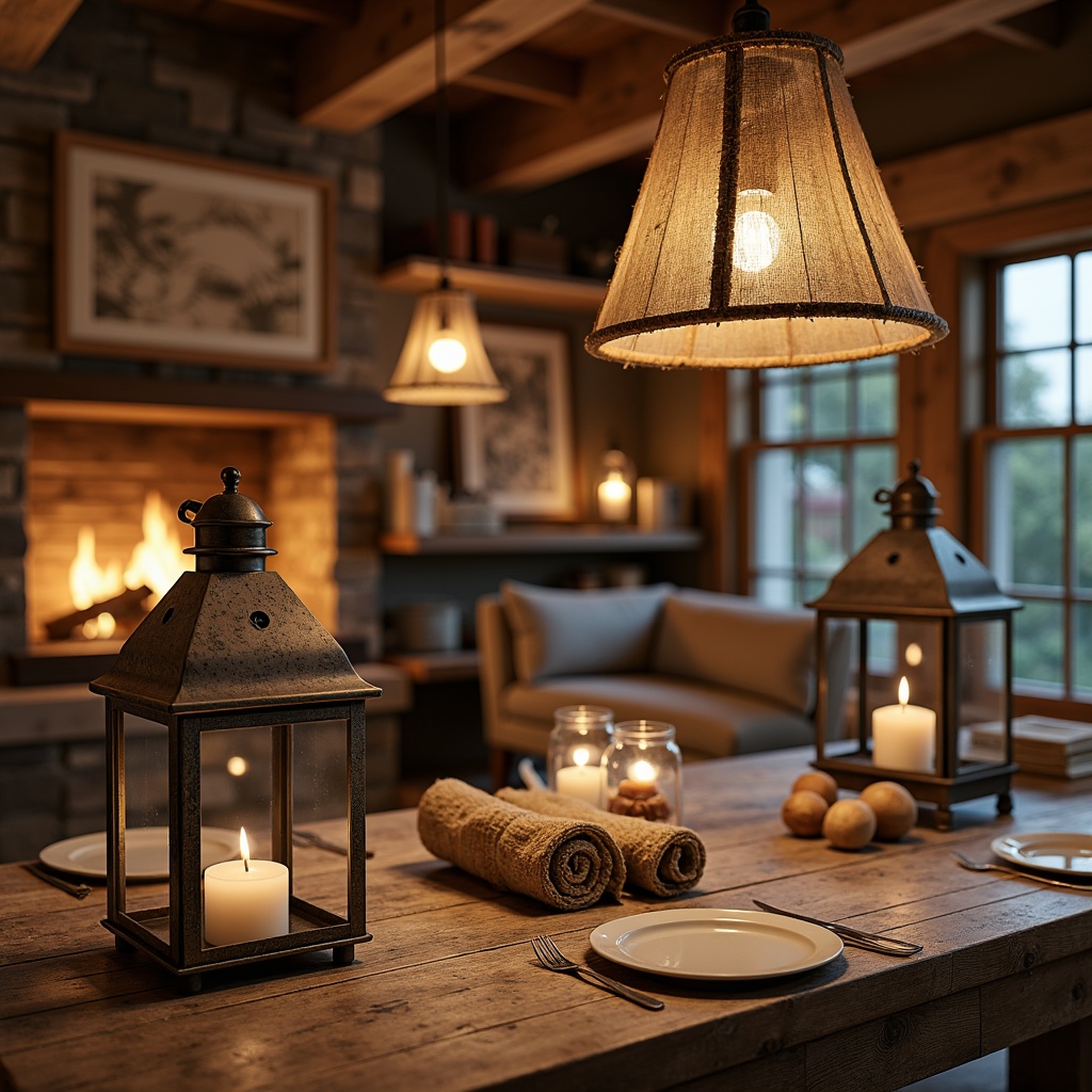 Prompt: Rustic farmhouse, vintage metal lanterns, distressed wood accents, warm candlelight, pendant lamps with burlap shades, mason jar chandeliers, Edison bulb fixtures, natural linen textiles, earthy color palette, wooden beam ceilings, stone fireplaces, cozy reading nooks, soft warm lighting, shallow depth of field, 1/1 composition, realistic textures, ambient occlusion.