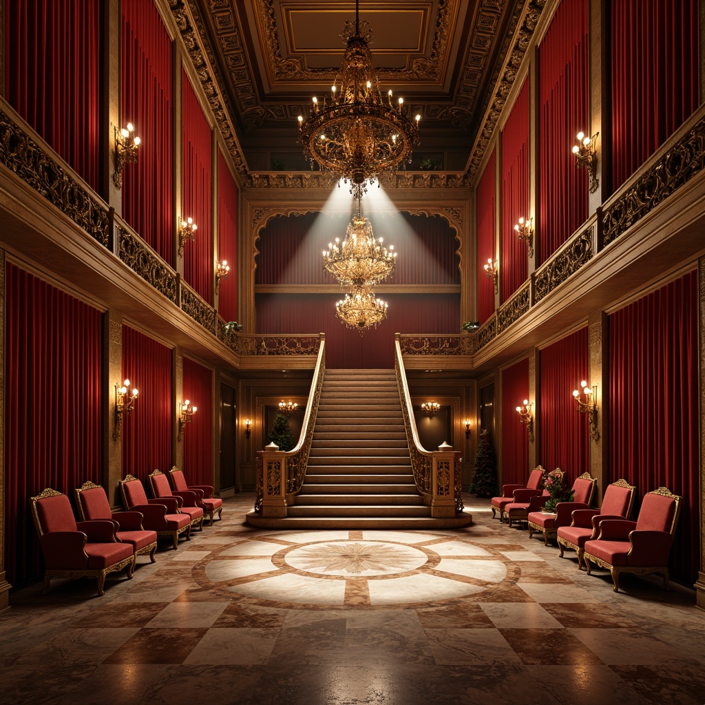 Prompt: Rich velvet curtains, ornate golden trim, luxurious red seats, dramatic spotlights, majestic chandeliers, opulent marble floors, grand staircase, lavish balcony, intricate moldings, warm golden lighting, soft focus, 2/3 composition, cinematic atmosphere, realistic textures, subtle color gradations.