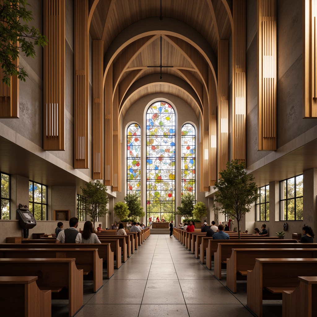 Prompt: Sleek church interior, minimalist decor, modern spiritual atmosphere, curved lines, polished metal accents, warm wooden tones, geometric patterns, textured concrete walls, stained glass windows, ambient lighting, soft color palette, abstract artwork, suspended ceiling fixtures, dramatic archways, asymmetrical compositions, 3/4 frame shots, cinematic lighting, realistic textures, subtle shading.