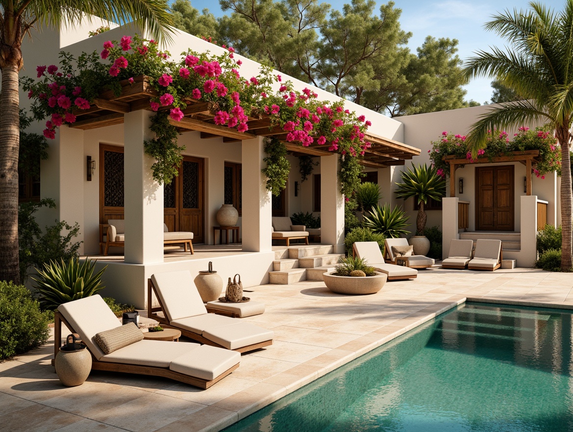 Prompt: Warm Mediterranean villa, terracotta roofs, soft sandy beaches, turquoise ocean waters, lush greenery, vibrant bougainvillea flowers, rustic stone walls, ornate ironwork, distressed wooden doors, earthy ceramics, woven textiles, natural linen fabrics, warm golden lighting, shallow depth of field, 1/2 composition, realistic textures, ambient occlusion.