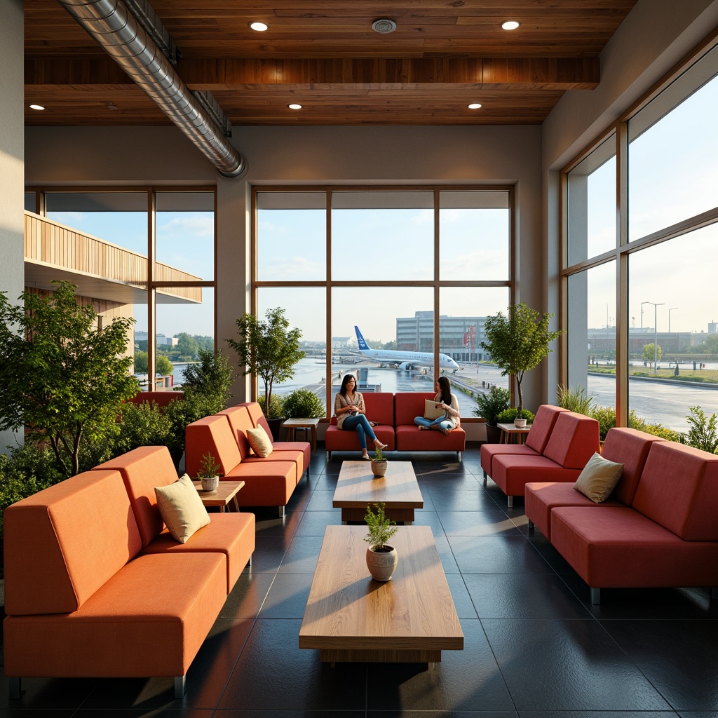 Prompt: Cozy airport lounges, plush sofas, vibrant colors, modern architecture, large windows, natural light, warm ambiance, soft music, comfortable pillows, wooden accents, relaxing atmosphere, peaceful surroundings, greenery, water features, calming sounds, shallow depth of field, 1/1 composition, realistic textures, ambient occlusion.