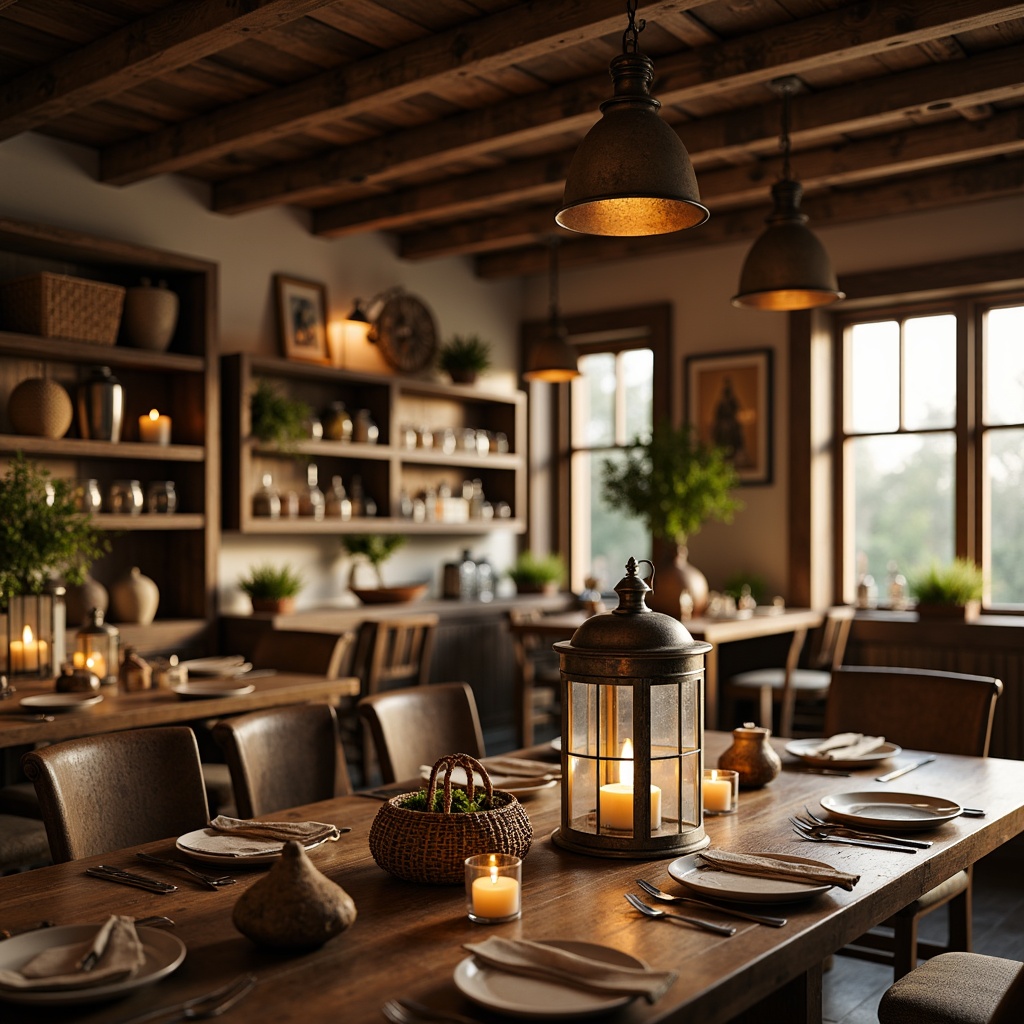 Prompt: Rustic farmhouse restaurant, vintage metal lanterns, warm candlelight, distressed wooden beams, earthy tone color palette, natural textiles, woven baskets, pendant lighting fixtures, reclaimed wood accents, industrial metal shades, soft warm glow, cozy ambiance, afternoon sunlight, shallow depth of field, 1/1 composition, realistic textures, ambient occlusion.Let me know if this meets your requirements!