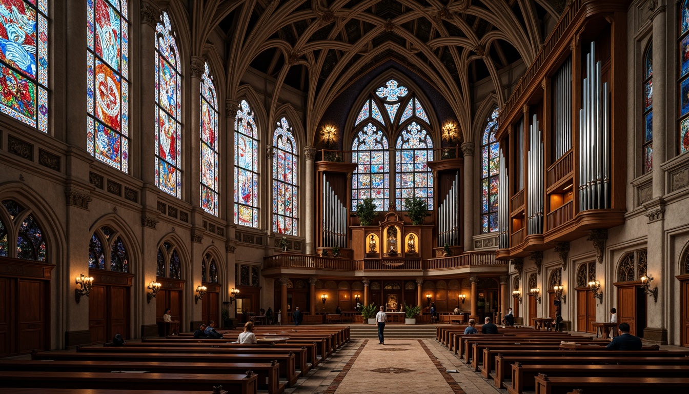 Prompt: Intricate stained glass windows, vibrant colors, ornate patterns, Gothic Revival architecture, grandiose vaulted ceilings, ornamental stone carvings, rich wood furnishings, intricate ironwork, majestic pipe organs, solemn religious atmosphere, warm soft lighting, dramatic chiaroscuro, 1/1 composition, symmetrical framing, realistic textures, ambient occlusion.