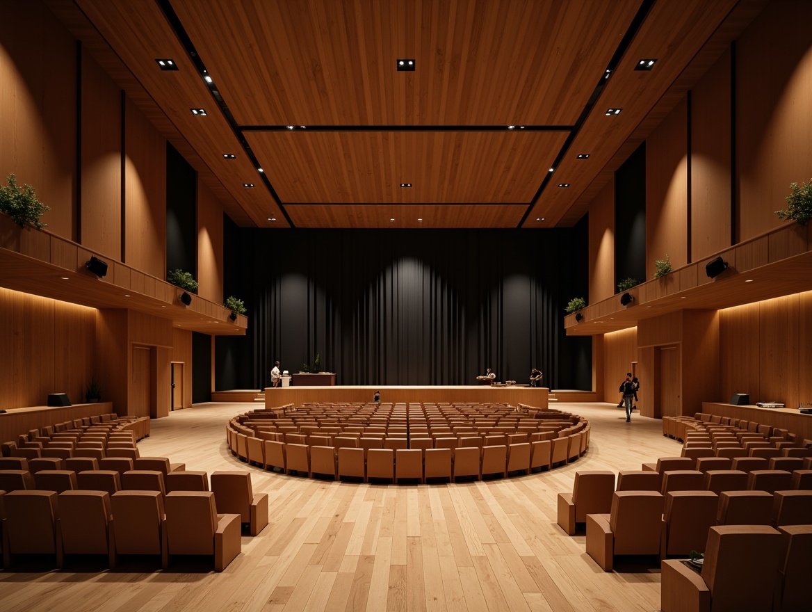 Prompt: Minimalist theater interior, sleek wooden floors, sparse audience seating, simple stage design, subtle ambient lighting, soft warm color palette, acoustic panels, sound-absorbing materials, curved lines, minimalist decorations, limited color scheme, functional simplicity, optimized audio quality, clear sound projection, immersive audience experience, 3/4 composition, shallow depth of field, realistic textures, ambient occlusion.