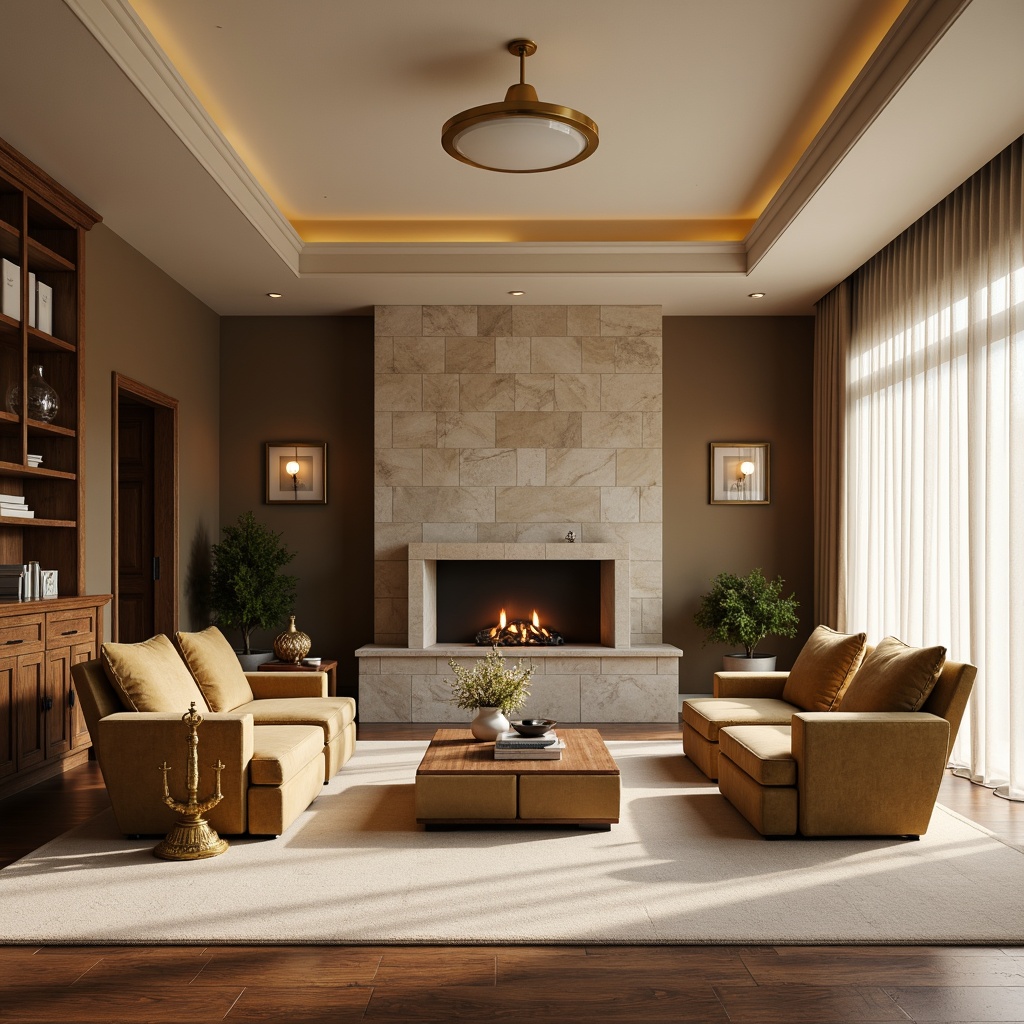 Prompt: Elegant living room, warm beige walls, rich walnut wood furniture, plush velvet sofas, golden metal accents, soft cream carpets, natural stone fireplaces, modern minimalist decor, calming atmosphere, gentle warm lighting, shallow depth of field, 3/4 composition, realistic textures, ambient occlusion.