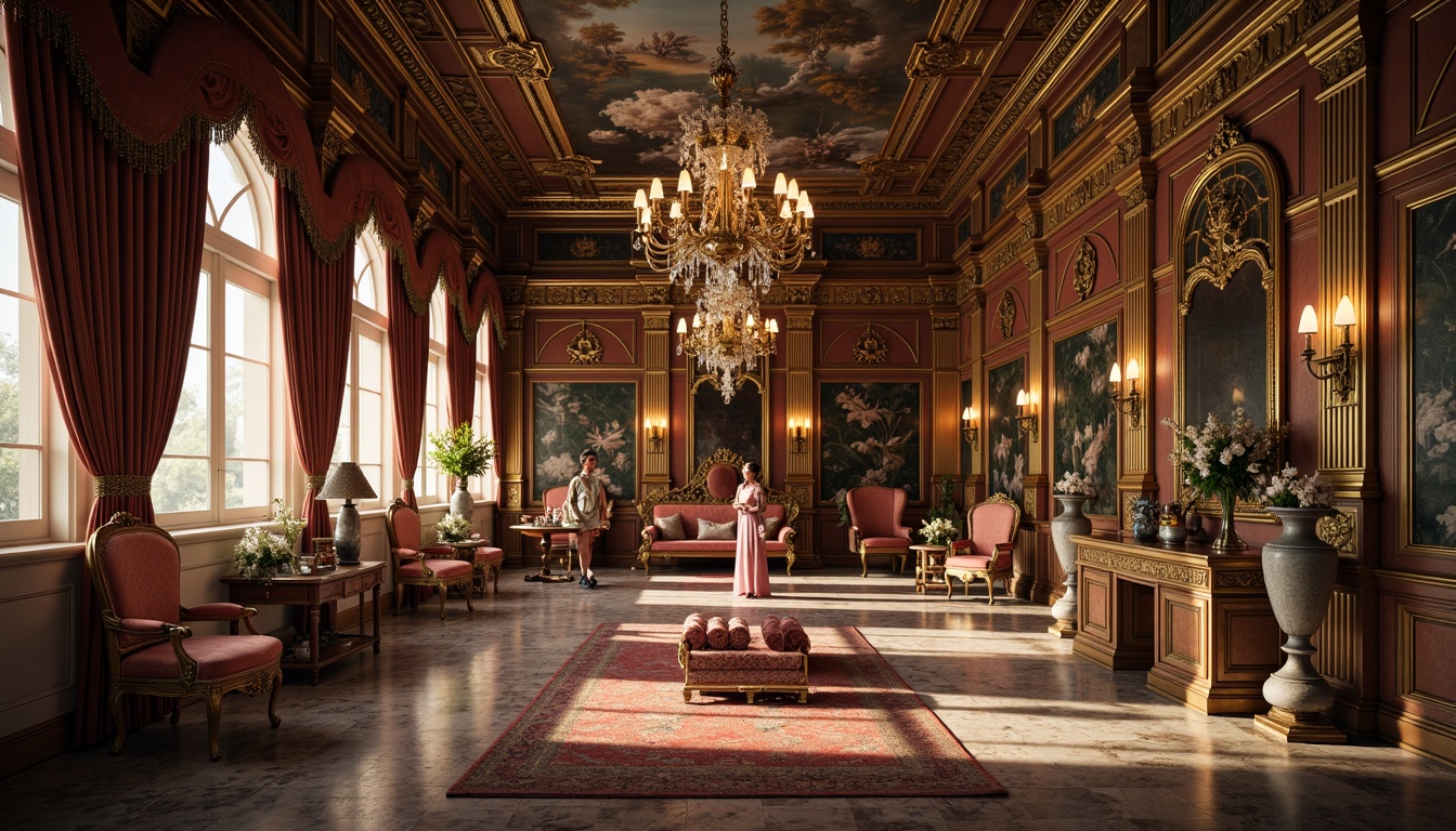 Prompt: Luxurious palace interior, ornate wooden furniture, velvet upholstery, golden accents, intricate carvings, marble floors, grand chandeliers, rich tapestries, classic columns, archways, frescoed ceilings, regal thrones, lavish drapery, Baroque patterns, antique vases, ornamental mirrors, warm candlelight, soft focus, shallow depth of field, 1/2 composition, symmetrical arrangement, realistic textures.