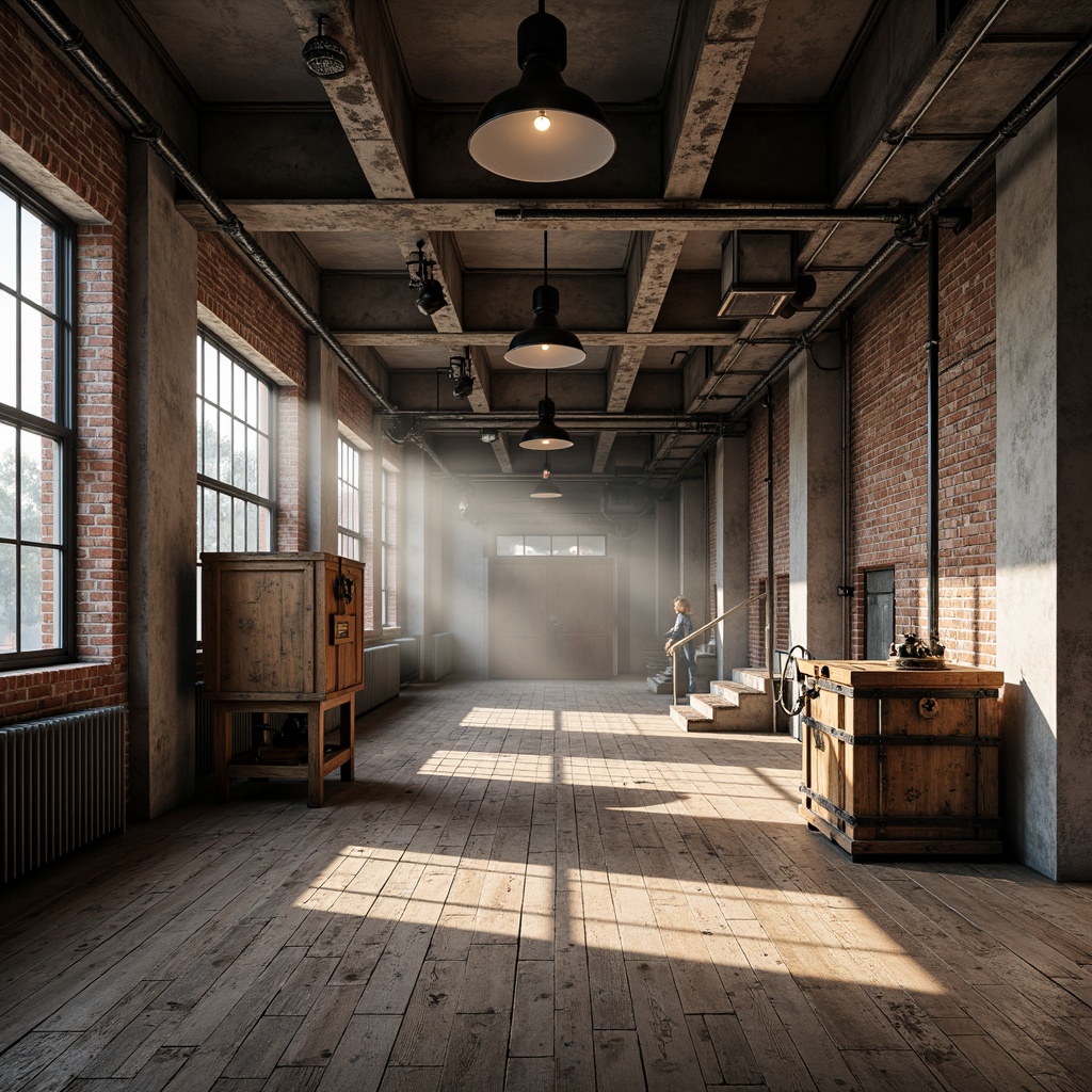 Prompt: Exposed brick walls, metal beams, reclaimed wood floors, industrial-style lighting fixtures, concrete columns, urban loft atmosphere, open-plan layout, minimalist decor, functional simplicity, distressed textures, worn-out machinery parts, vintage manufacturing equipment, raw unfinished materials, earthy color palette, atmospheric mist, soft natural light, shallow depth of field, 1/1 composition, realistic reflections.