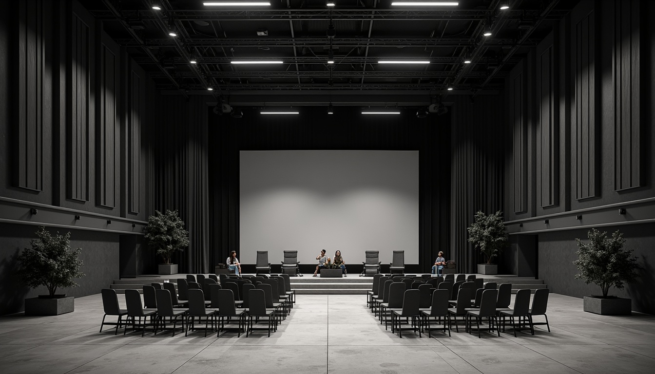 Prompt: Simple theatre stage, clean lines, monochromatic color scheme, industrial metal beams, polished concrete floors, minimalist seating, sleek LED lighting, dramatic shadows, sparse greenery, abstract art pieces, geometric patterns, functional decor, versatile acoustic panels, adaptable backdrops, understated elegance, softbox lighting, 1/1 composition, intimate atmosphere, subtle textures, cinematic ambiance.