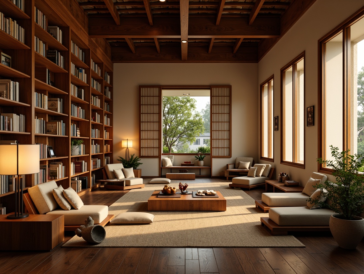 Prompt: Serenely lit Asian-style library, warm wood accents, paper lanterns, soft glowing table lamps, floor-to-ceiling shelves, intricately carved wooden panels, natural fiber rugs, subtle fragrance of incense, peaceful ambiance, warm beige walls, large windows with rice paper screens, filtered sunlight, cozy reading nooks, minimalist decor, traditional Japanese sliding doors, Shoji screens, warm-toned wood floors, comfortable seating areas, soft music, calming water features, lush green plants, natural stone ornaments, subtle aromatherapy, 1/2 composition, warm color palette, high contrast ratio, cinematic lighting.