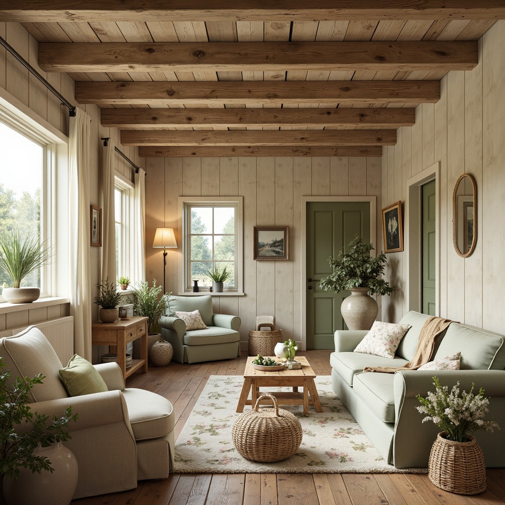 Prompt: Rustic farmhouse interior, distressed wood accents, vintage decor, earthy tones, warm beige walls, soft sage green furniture, creamy whites, weathered wooden beams, natural textiles, woven baskets, floral patterns, pastel hues, cozy ambiance, softbox lighting, shallow depth of field, 1/1 composition, realistic wood grain, ambient occlusion.