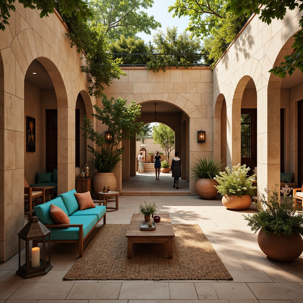 Prompt: Warm beige stonework, rustic wooden accents, distressed leather furniture, plush turquoise cushions, ornate metal lanterns, natural fiber rugs, earthy terracotta pots, lush greenery, vibrant flowers, sunny atrium, soft warm lighting, shallow depth of field, 3/4 composition, panoramic view, realistic textures, ambient occlusion.