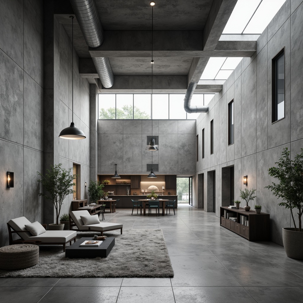 Prompt: Monochromatic brutalist interior, raw concrete walls, exposed ductwork, industrial metal beams, reclaimed wood accents, minimalist decor, sparse greenery, sleek low-profile furniture, bold geometric shapes, neutral color palette, dramatic high ceilings, clerestory windows, soft diffused lighting, 1/1 composition, atmospheric fog effect, realistic material textures.