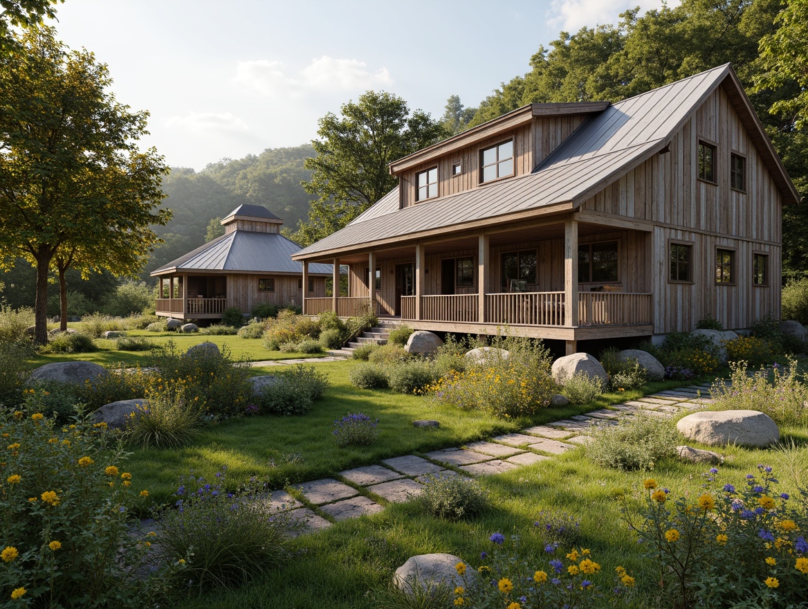 Prompt: Rustic farmhouse, weathered wood siding, corrugated metal roofs, natural stone foundations, earthy tone color palette, curved lines, organic shapes, lush greenery, overgrown wildflowers, meandering pathways, wooden farm gates, rural landscape, sunny day, soft warm lighting, shallow depth of field, 3/4 composition, panoramic view, realistic textures, ambient occlusion.