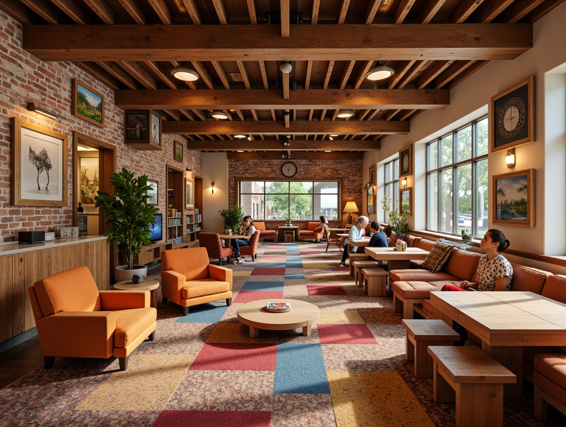 Prompt: Warm community center interior, vibrant earth tones, rich wood accents, cozy furniture upholstery, natural textiles, soft warm lighting, inviting atmosphere, eclectic decorative elements, colorful artwork, lively patterns, rustic wooden beams, exposed brick walls, comfortable seating areas, collaborative workspaces, modern amenities, sustainable materials, neutral background colors, bold accent colors, 1/2 composition, shallow depth of field, softbox lighting, realistic textures.